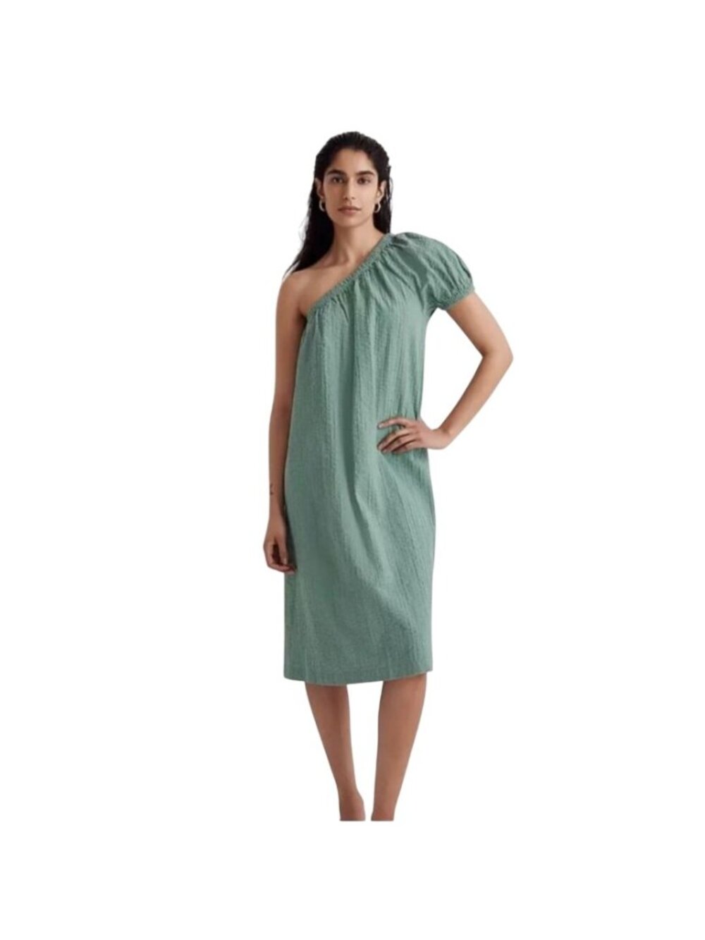 Madewell Seersucker One-Shoulder Puff-Sleeve Midi Dress Trellis Green NJ888 XL